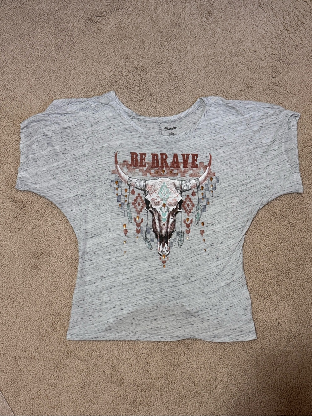 Wrangler Gray Short Sleeve Tee with 'Be Brave' Skull Graphic